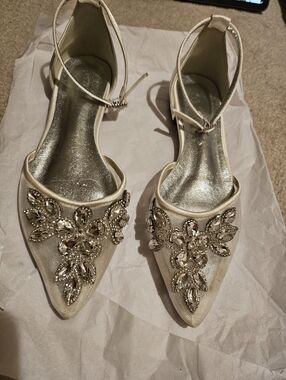 Embellished Ivory Pointed-Toe Flats with Ankle Strap